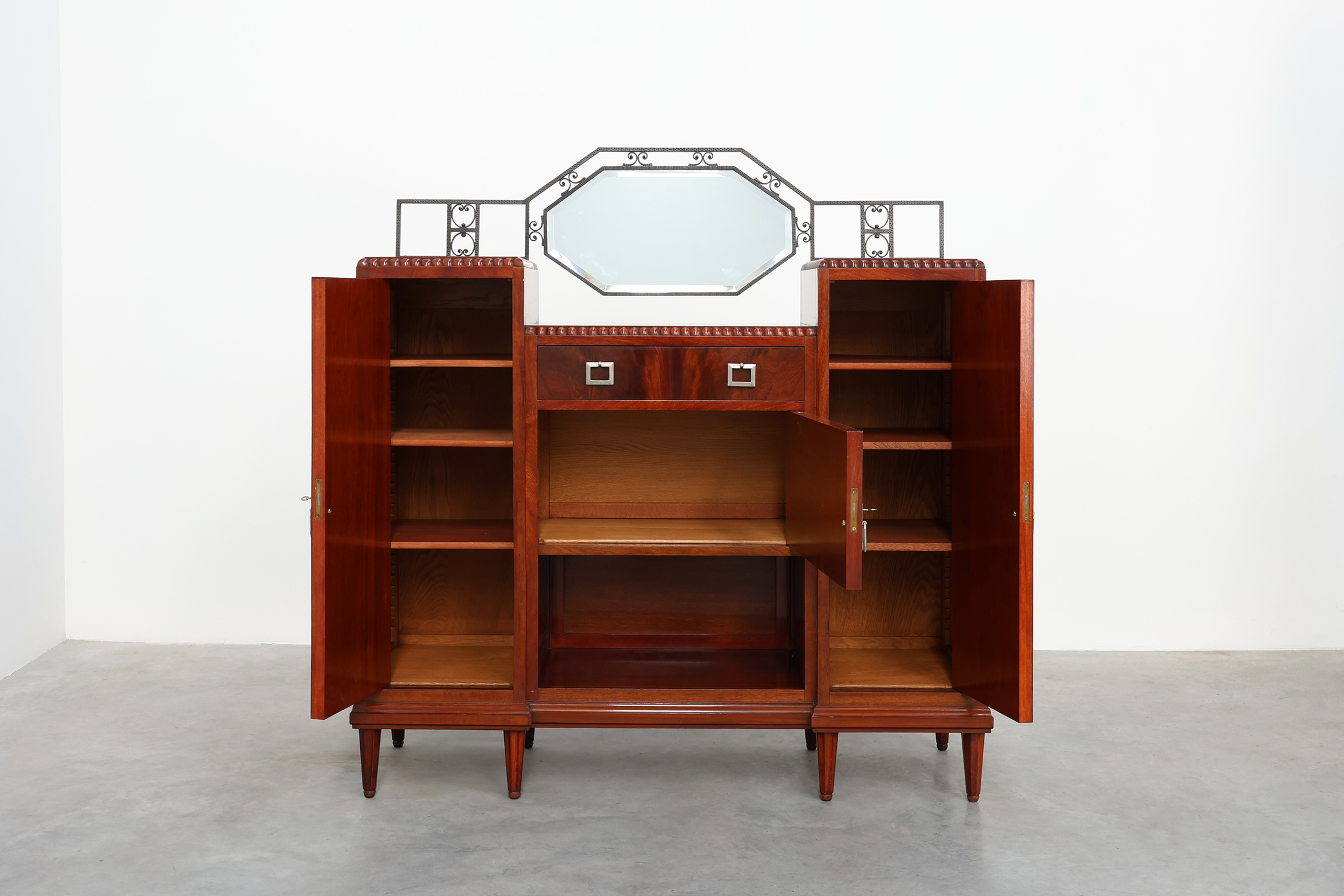 Art Deco marquetry cabinet with wrought-iron mirror crest, Belgium, ca. 1925 thumbnail